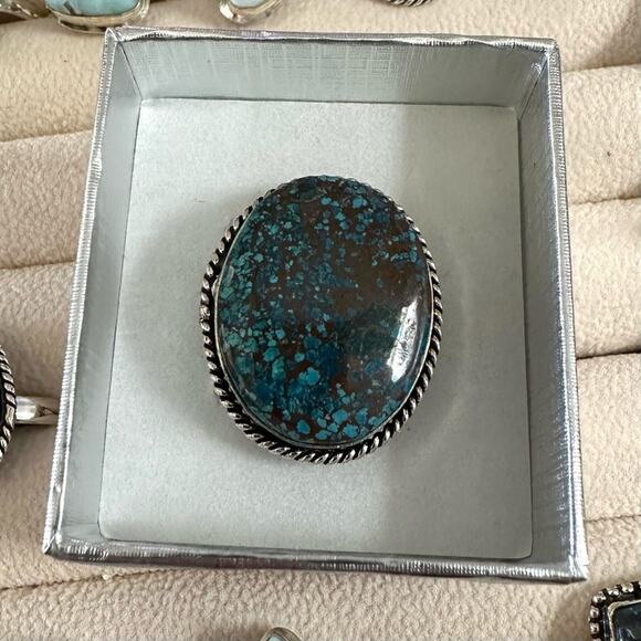 Turquoise gemstone silver overlay stamped 925 ring size 9 - Picture 1 of 3